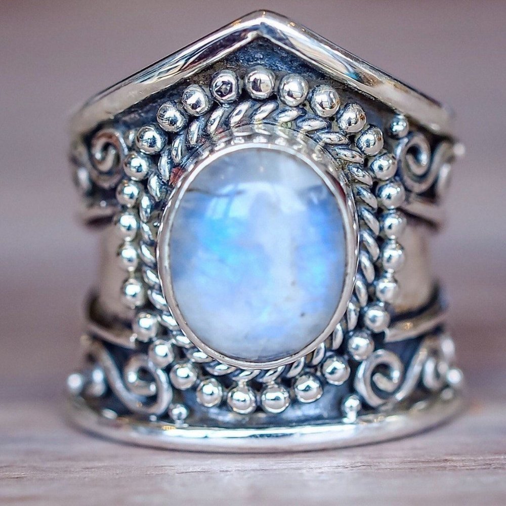 *NEW Vintage Moonstone 925 Silver Wide Band Ring